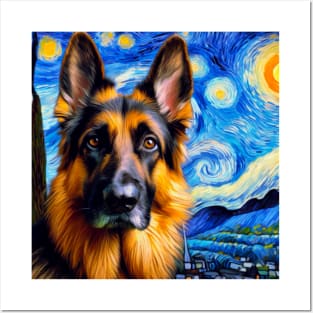 German Shepherd Starry Night Painting - Blue Contrast Posters and Art